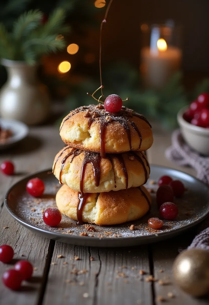 Festive profiterole stack drizzled with chocolate and caramel, decorated with berries on a rustic surface.
