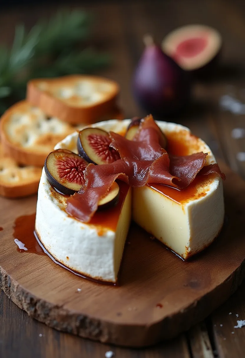 Baked Camembert topped with figs, prosciutto, and balsamic glaze on a rustic wooden surface.