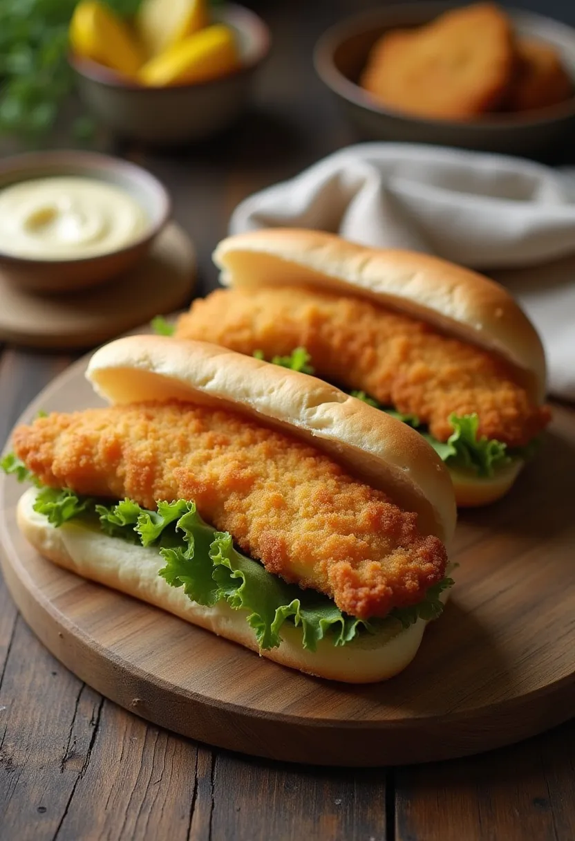 Crispy fish finger sandwich on soft bread with lettuce and tartar sauce on a rustic surface.