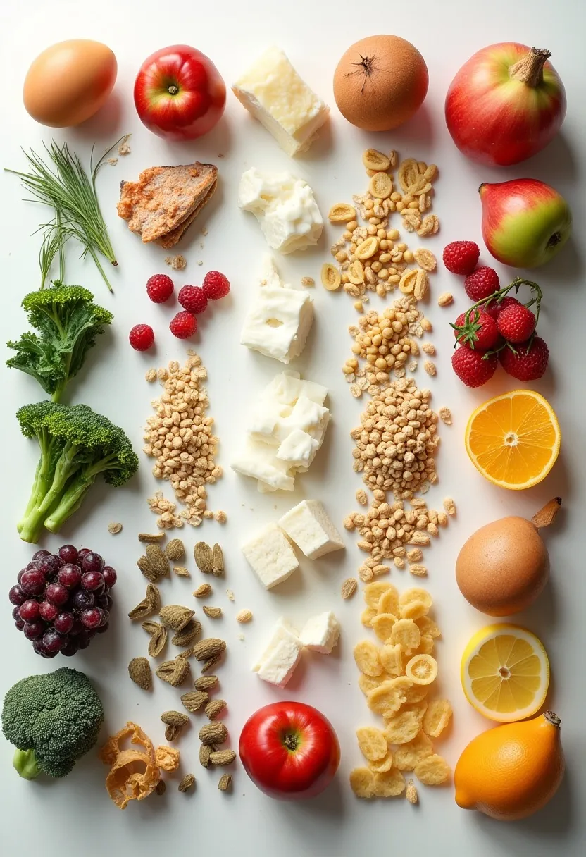 Flat-lay of foods grouped by fitness goals, including protein-rich foods, high-fibre options, endurance carbs, and everyday wellness ingredients.