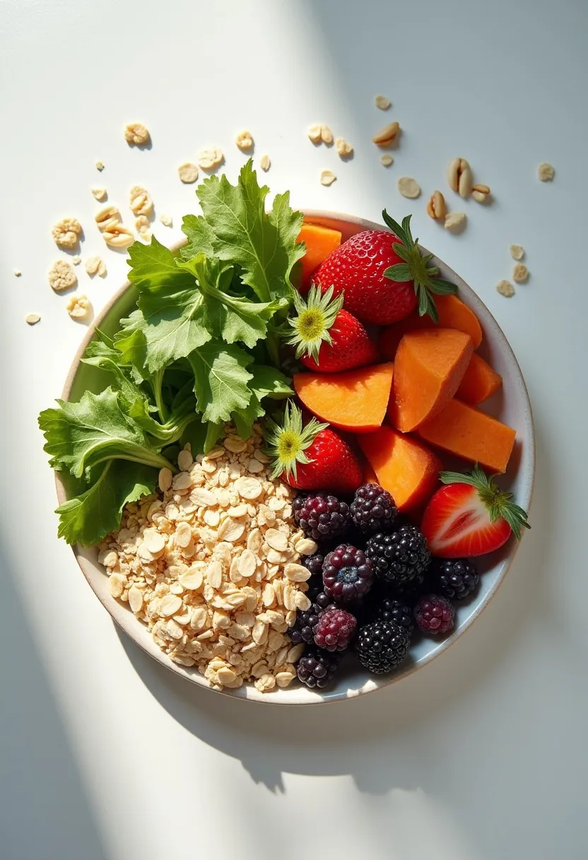 Flat-lay contrasting wholesome fitness foods with subtle symbols of common nutrition mistakes like undereating, poor hydration, and processed snacks.