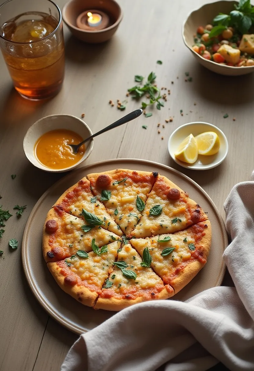 Warm flat-lay of cozy Friday night cooking ingredients and small dishes, evoking a relaxed homemade takeaway ritual.