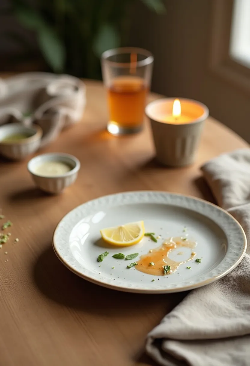 Warm flat-lay of simple meal remnants and a linen napkin, evoking the cozy end of a homemade Friday-night fakeaway.