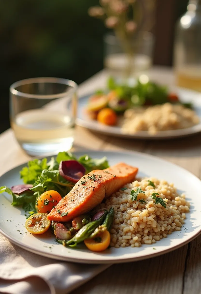 Balanced plate with lean protein, vegetables, and wholegrains in warm natural light, symbolizing healthy eating and wellbeing.