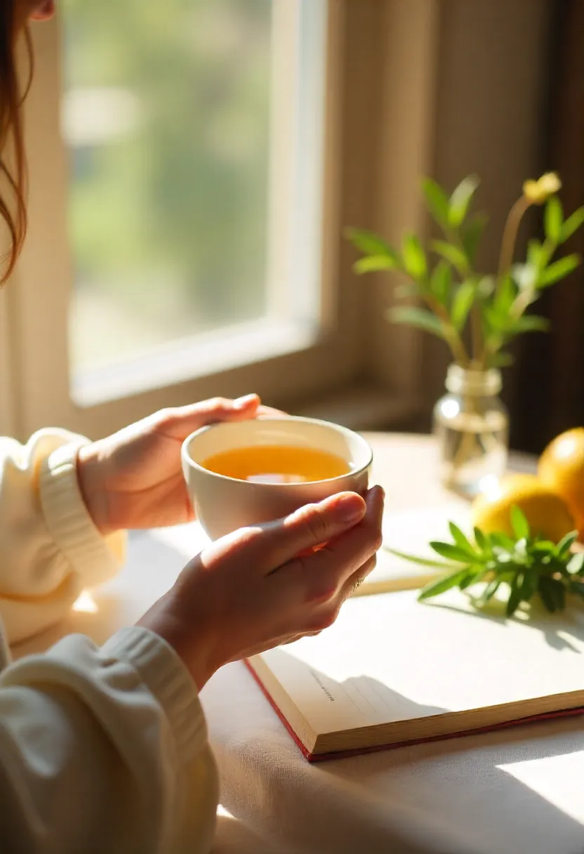 Hands holding a warm cup of tea in soft natural light, representing calm and gentle return to balance after a detox journey.