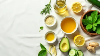 Detox ingredients flat-lay with lemons, ginger, greens, herbs, and herbal tea on a neutral linen background, representing clean and natural body reset.