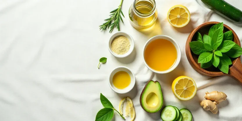 Detox ingredients flat-lay with lemons, ginger, greens, herbs, and herbal tea on a neutral linen background, representing clean and natural body reset.