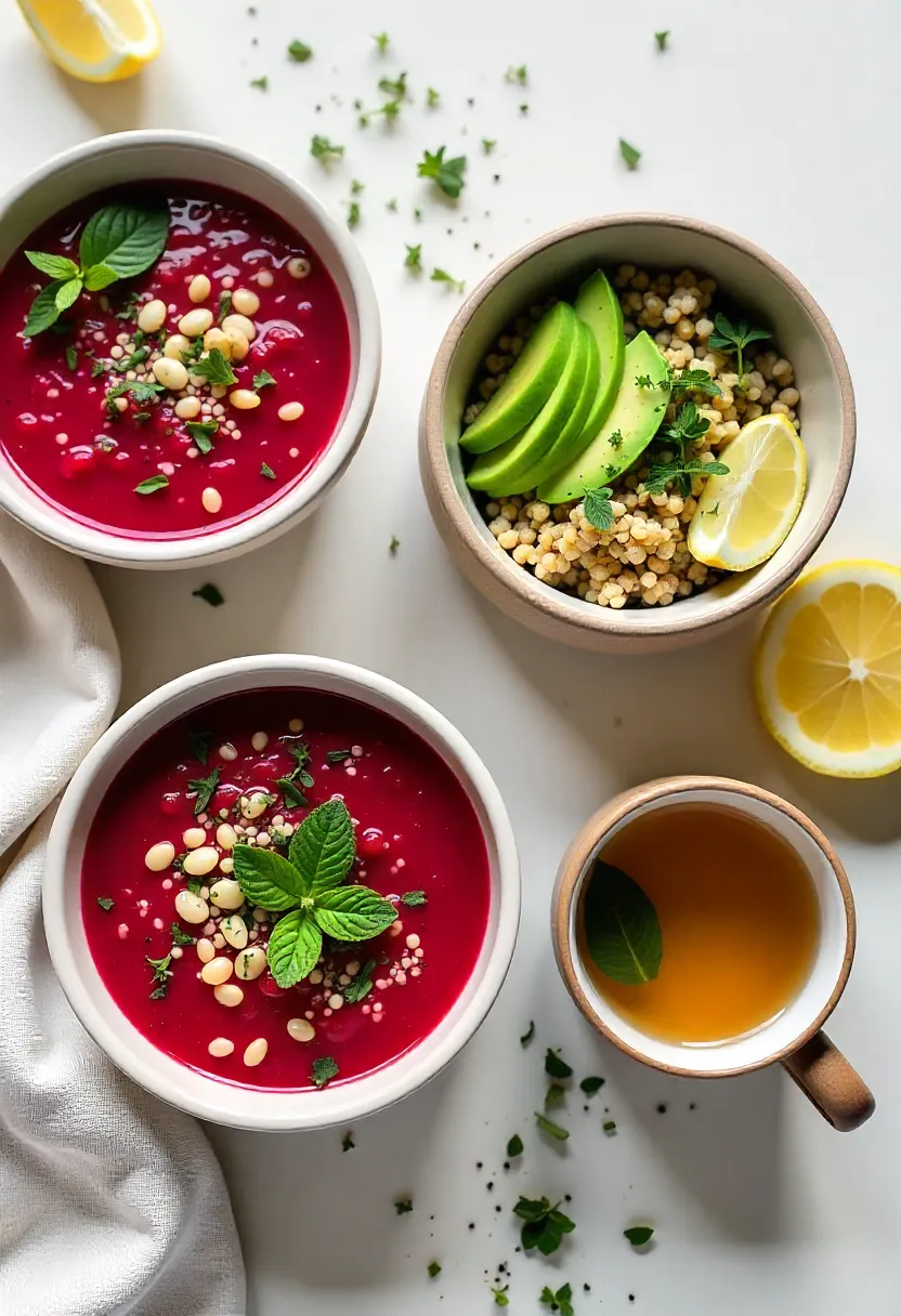 Three gentle detox recipes: beetroot soup, green quinoa bowl, and ginger-citrus herbal tea with mint on a soft neutral background.