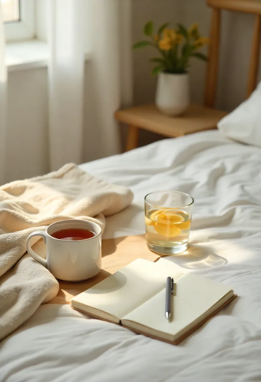 Restful wellness scene with warm tea, water with lemon, and soft blanket, symbolizing mindful and gentle approach to detox.