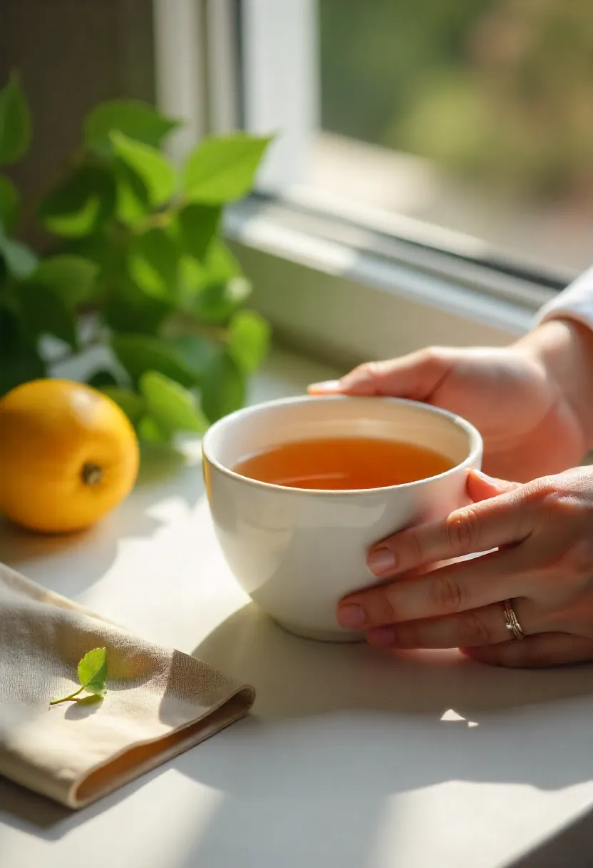 Cozy wellness scene with a warm cup of herbal tea, lemon, and morning light symbolizing gentle detox and emotional body reset.