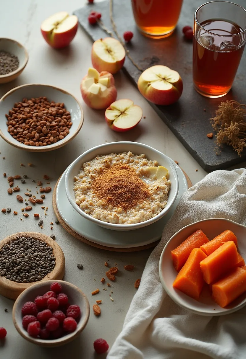 Flat-lay of gentle high-fiber foods like oats, apples, berries, lentils, and seeds arranged with warm natural light.