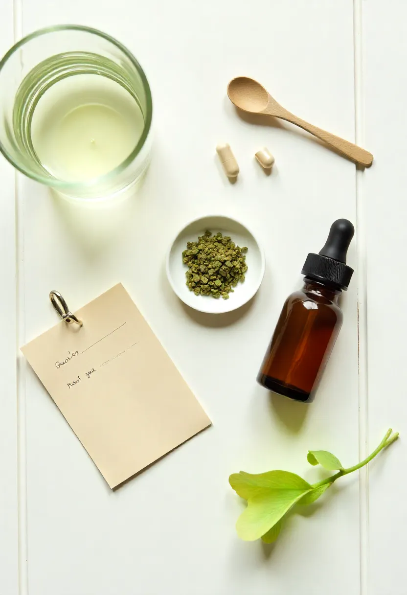 Flat-lay of ginkgo biloba capsules, tincture bottle, dried leaves, and a glass of water on a light background, showing supplement use and dosing concept.