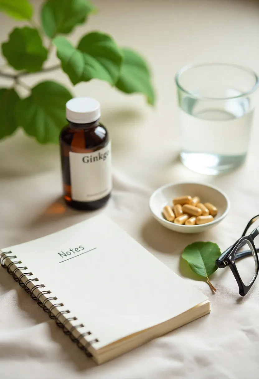 Ginkgo biloba supplement capsules with leaves, notebook, and water on a light surface symbolizing safe and informed supplement use.