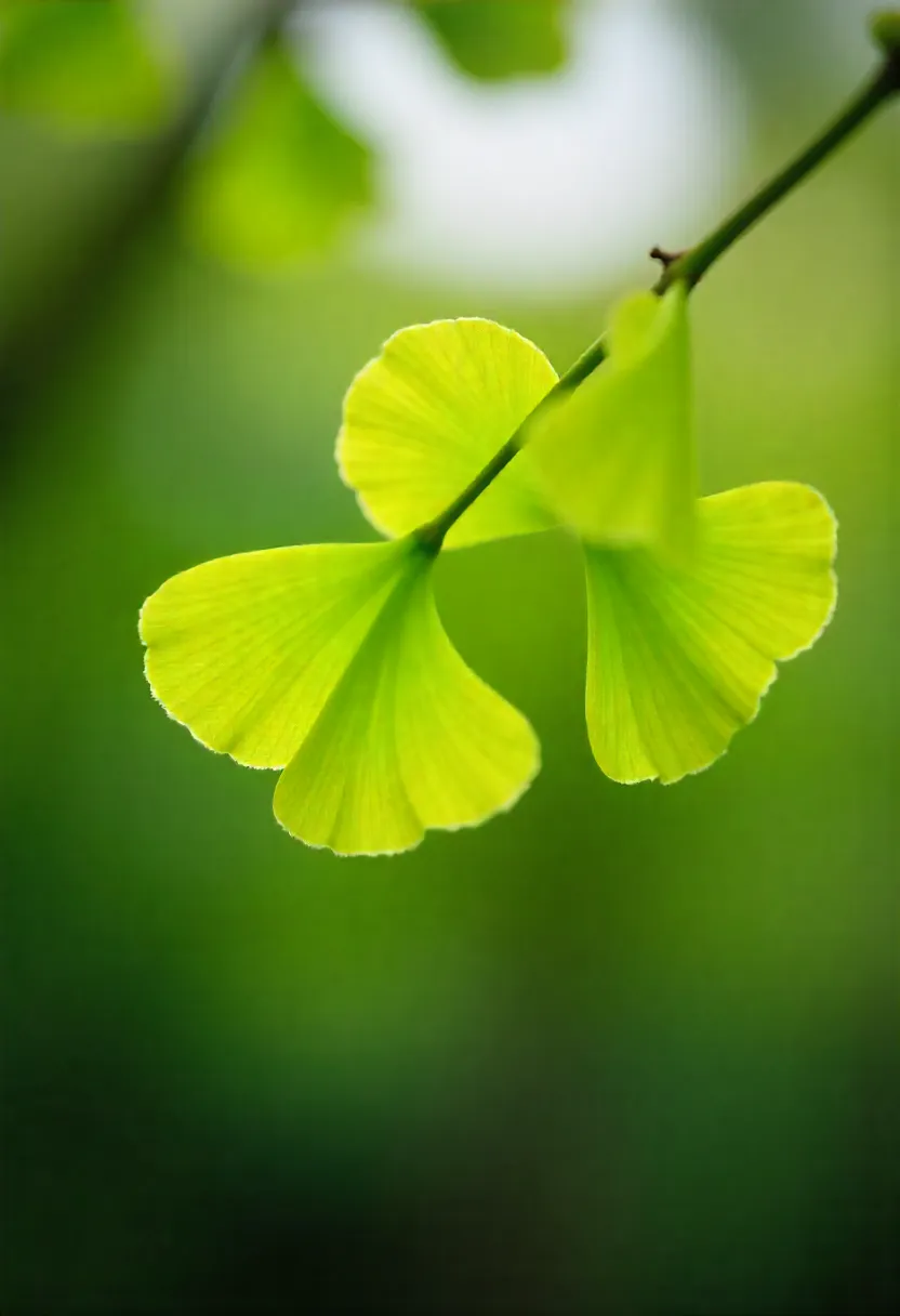 Ginkgo biloba tree branch with fan-shaped leaves in natural sunlight.