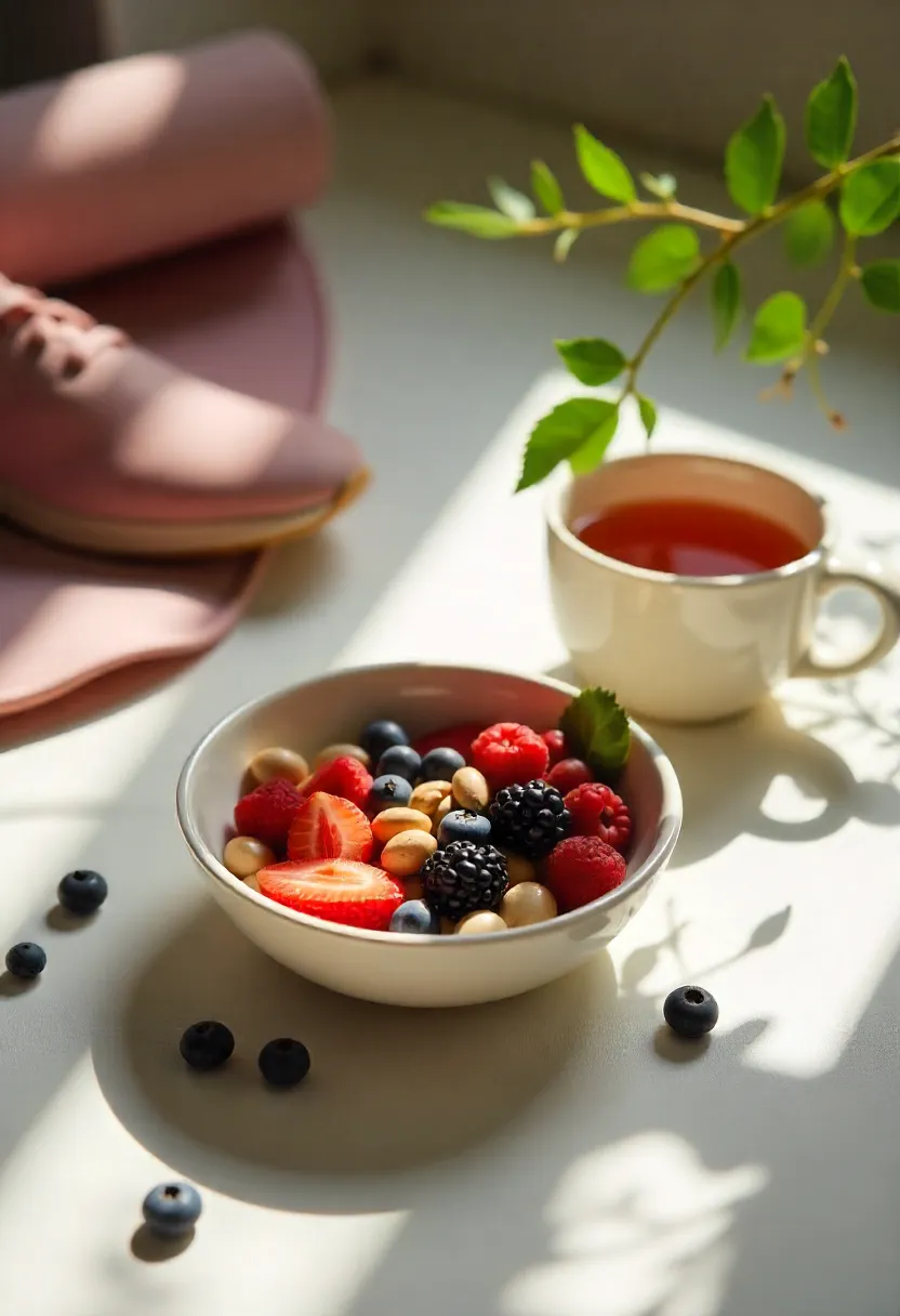 Healthy breakfast with berries and nuts, herbal tea, ginkgo leaves, and fitness elements in soft natural light, symbolizing lifestyle habits that support wellness.