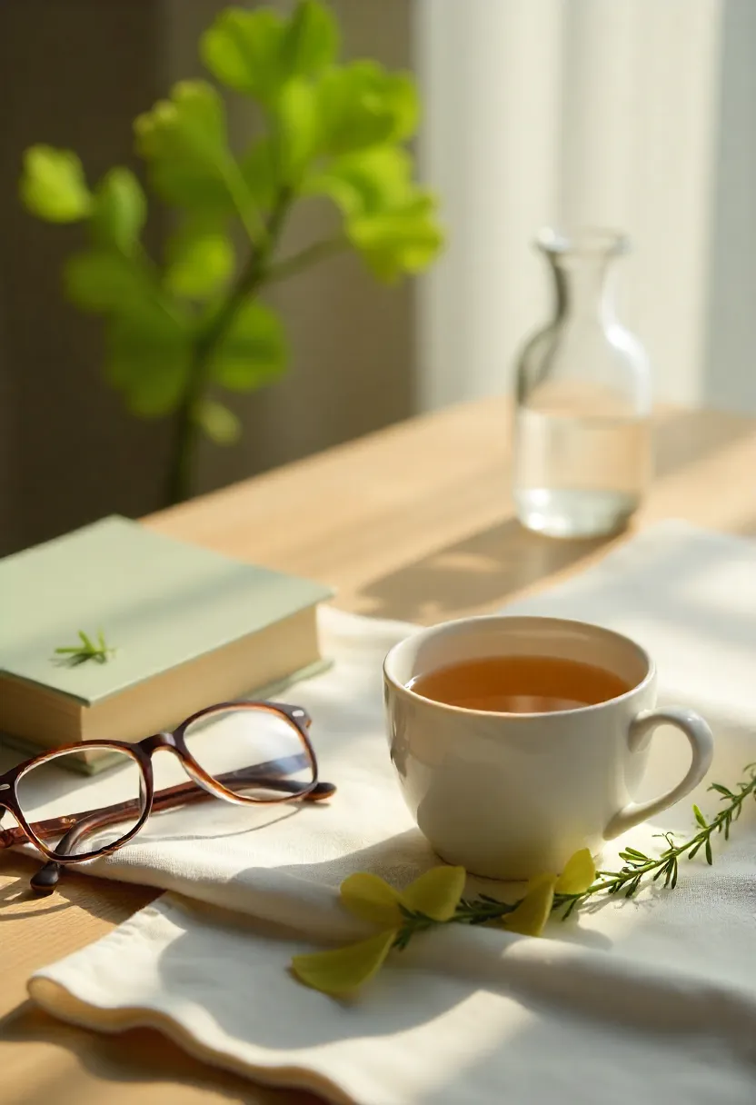 Books, tea, and ginkgo leaves arranged on a warm, softly lit table representing thoughtful herbal support for brain wellness.