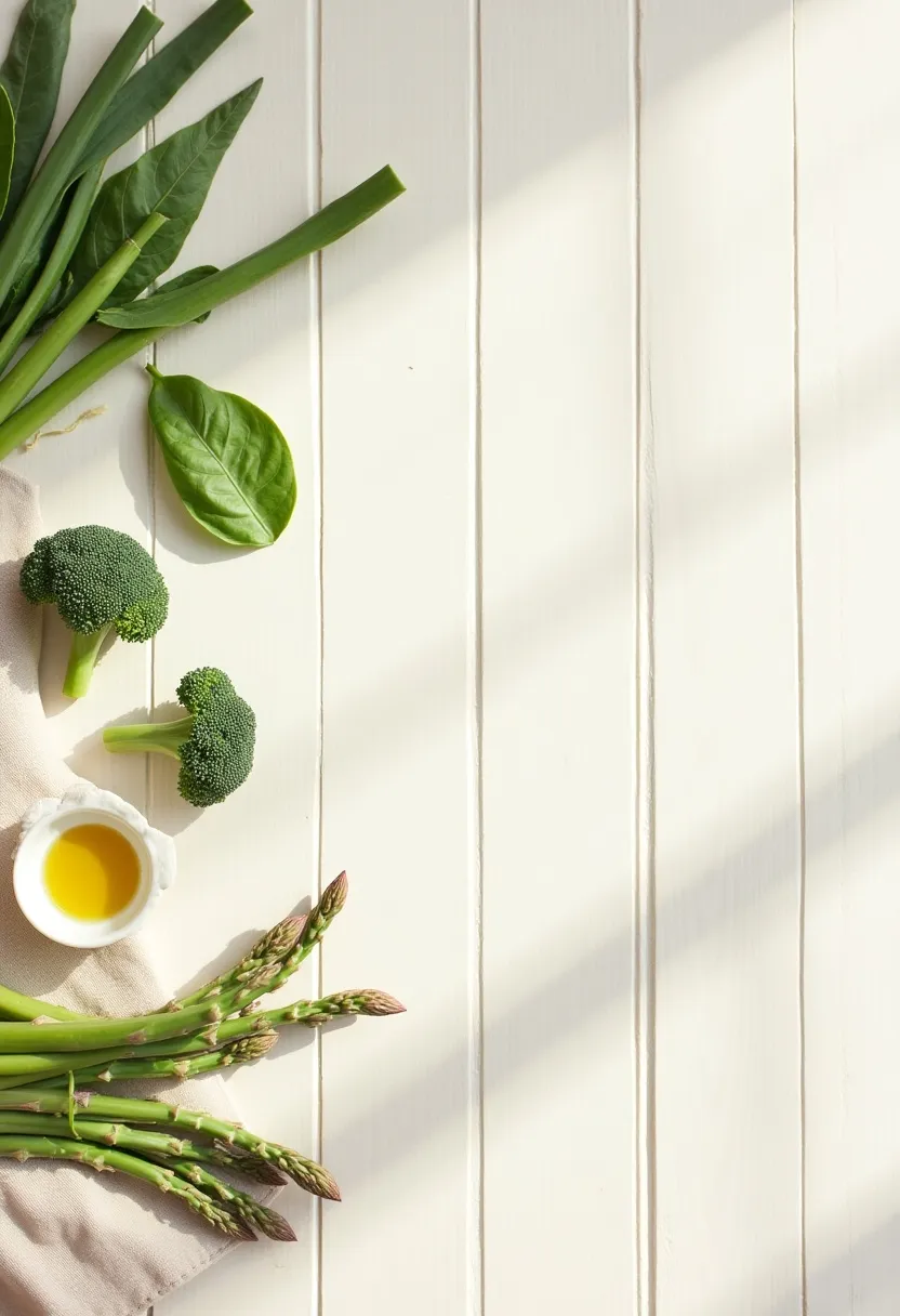 Minimal flat-lay of a few green vegetables with soft natural light, symbolizing simple daily habits for better health.