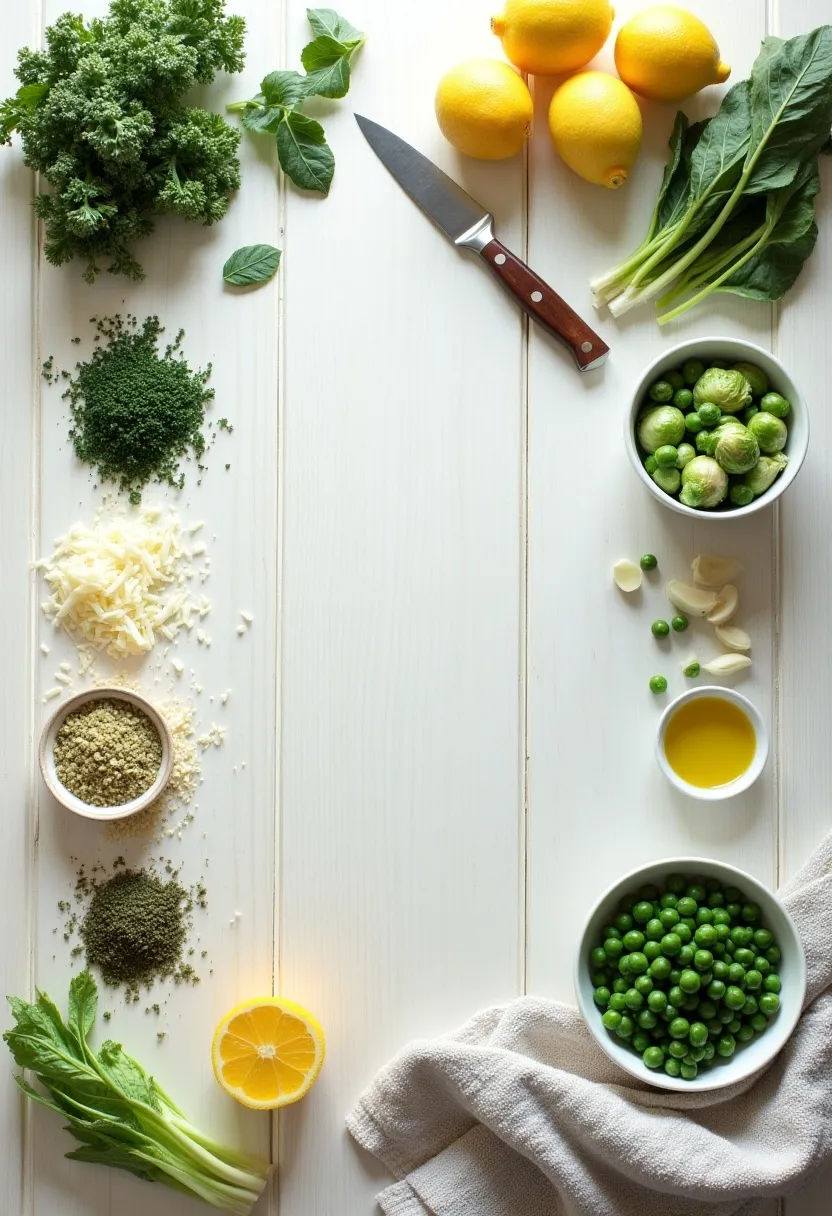 Flat-lay of kale, spinach, Brussels sprouts, flavour boosters like lemon and garlic, and frozen peas symbolizing solutions to common hurdles with green vegetables.
