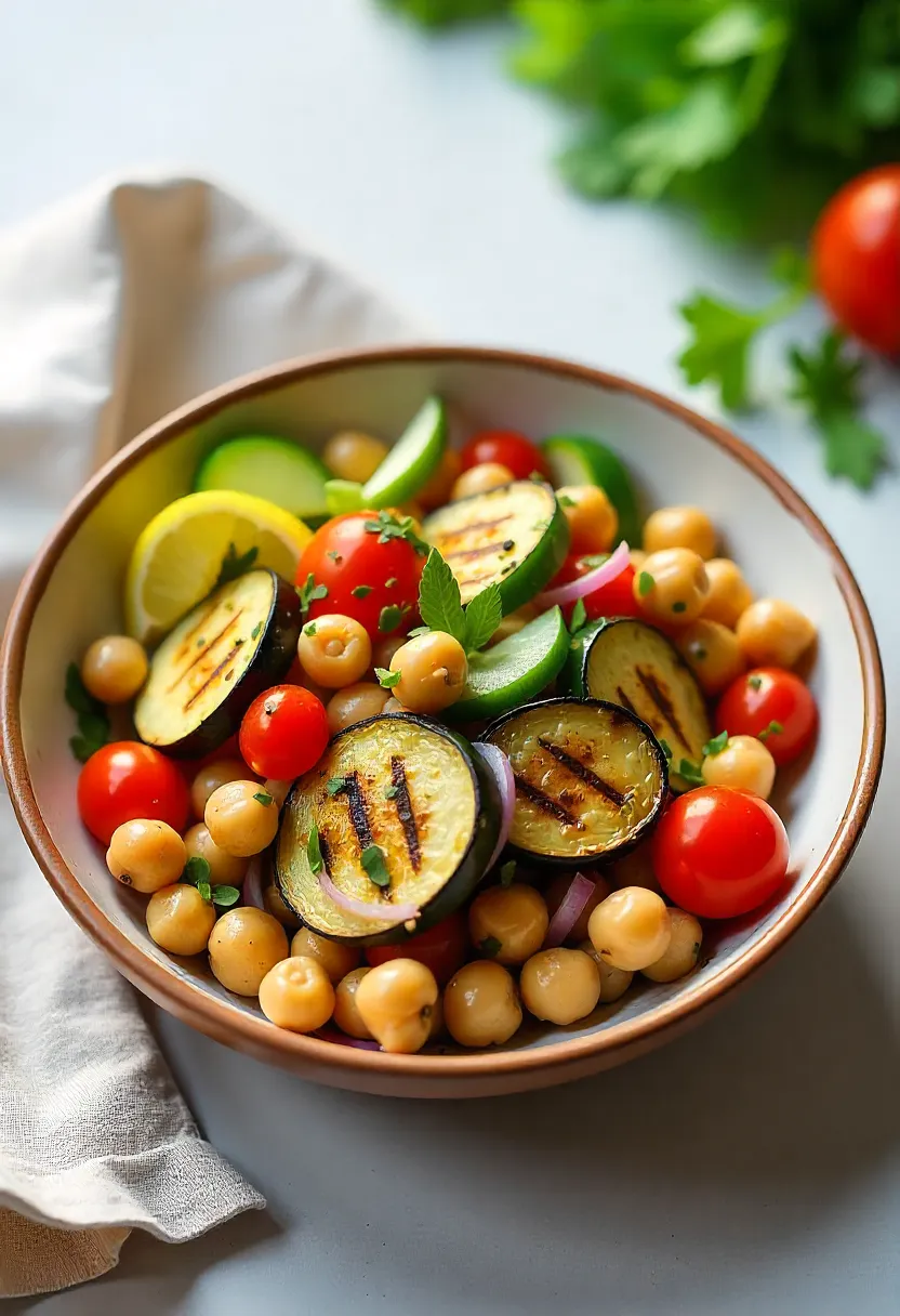 Grilled eggplant and chickpea salad with fresh herbs, tomatoes, cucumber, and tahini drizzle in a ceramic bowl.