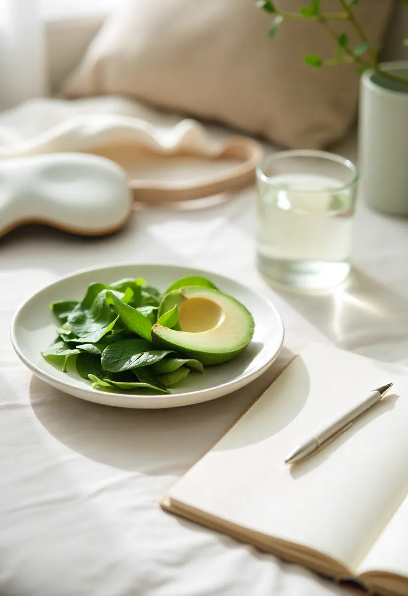 Still-life scene with water, greens, sleep mask, and journal representing diet, hydration, sleep, and stress as key factors affecting gut health.