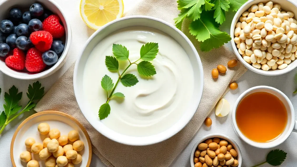 Flat-lay of gut-healthy foods including yogurt, berries, avocado, greens, oats, beans, garlic, sauerkraut, nuts, and tea on a natural background.