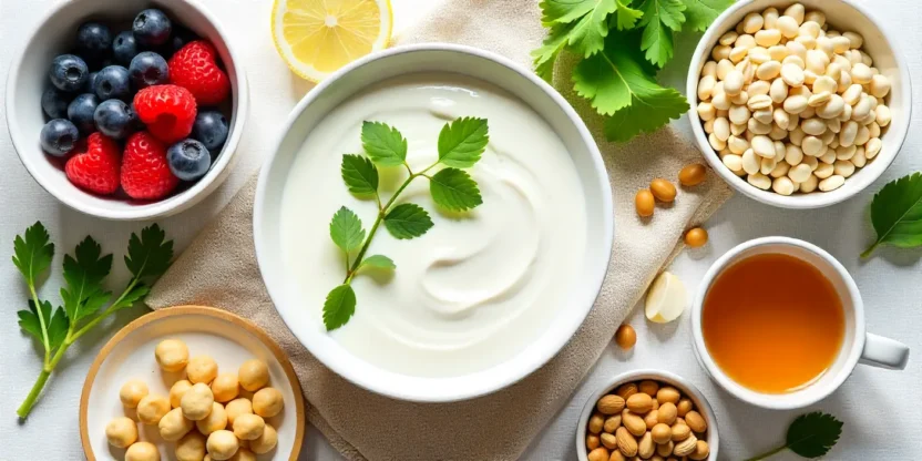 Flat-lay of gut-healthy foods including yogurt, berries, avocado, greens, oats, beans, garlic, sauerkraut, nuts, and tea on a natural background.