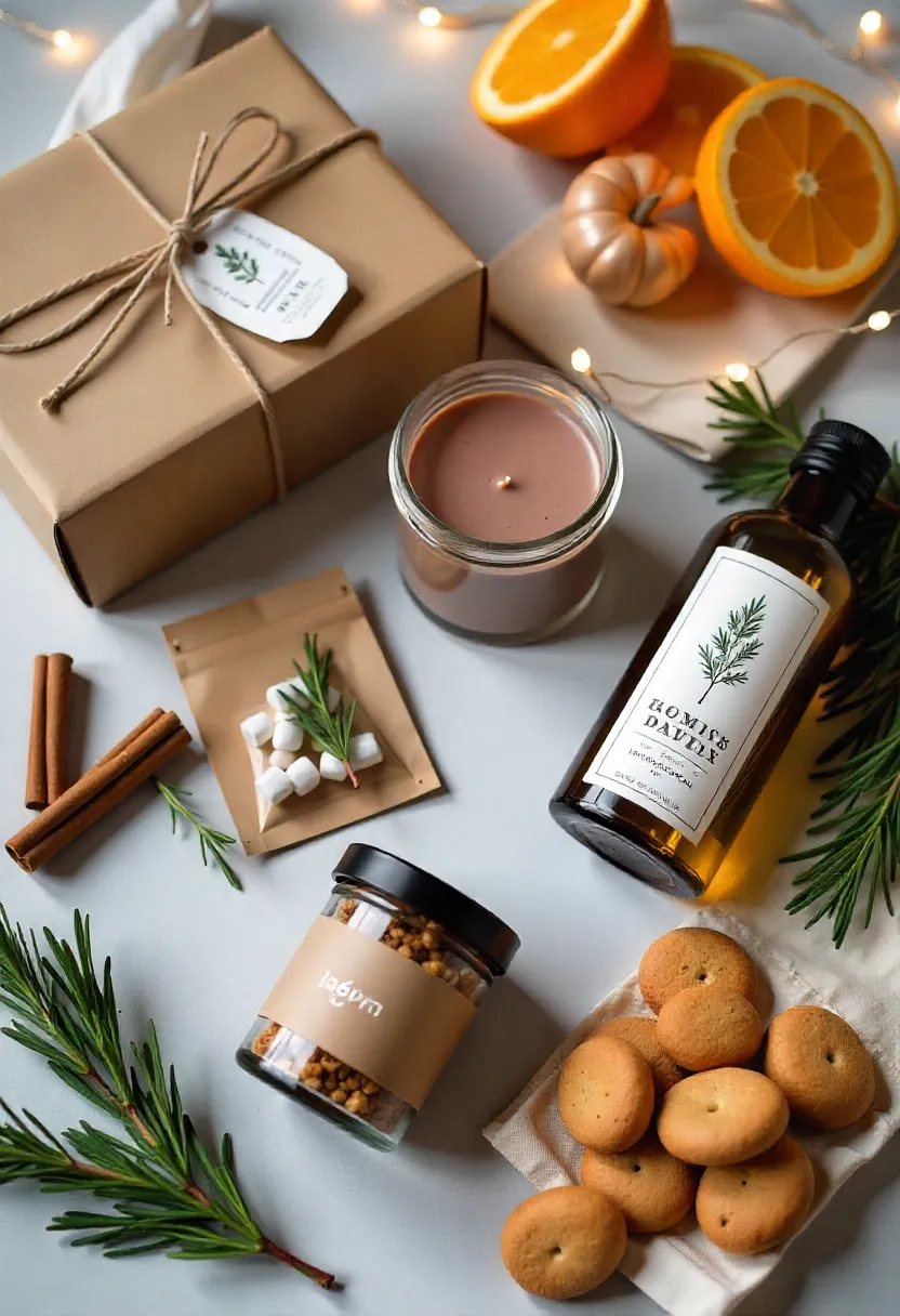 Assorted homemade Christmas gifts including granola, infused olive oil, candles, bath salts, cookie bundles, spices, and natural decorations arranged in a cozy festive flat-lay.