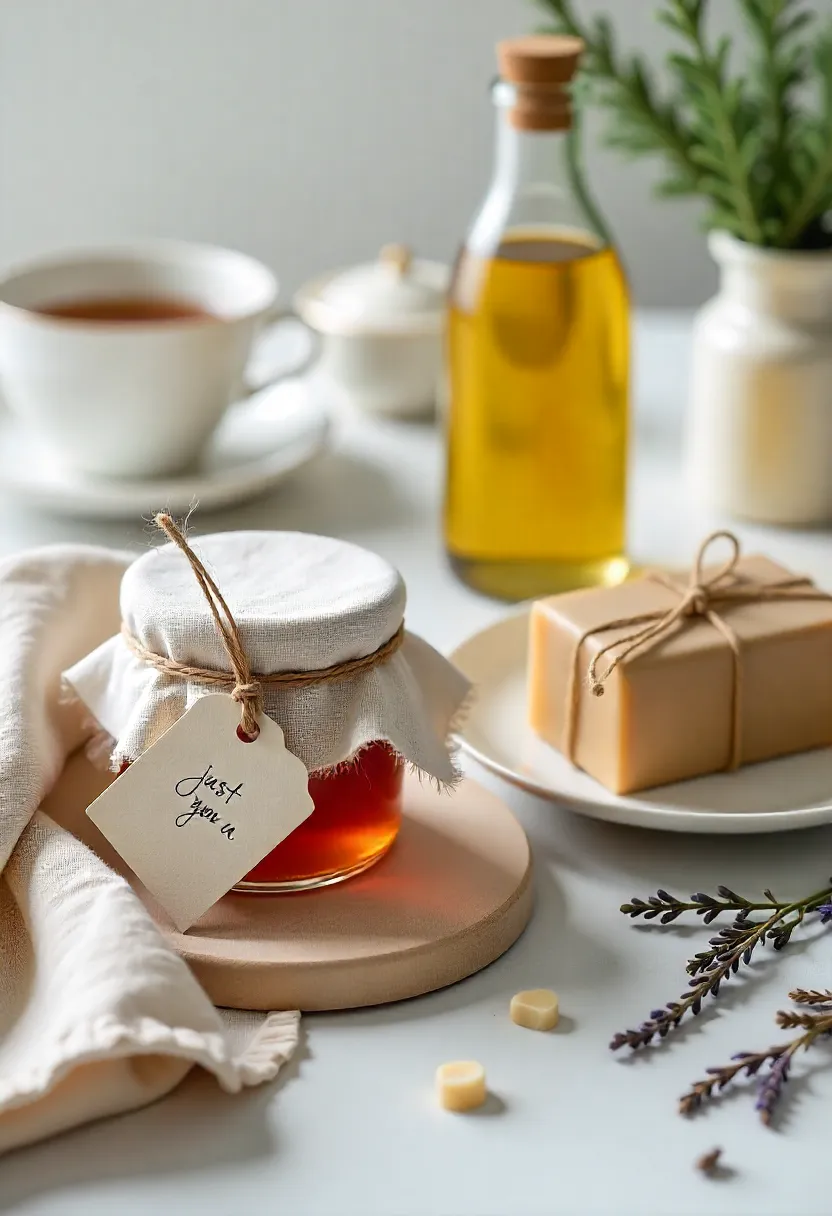 Handmade gifts like jam, infused oil, soap, and cookies wrapped naturally with twine and herbs on a cozy table, representing year-round thoughtful gifting.