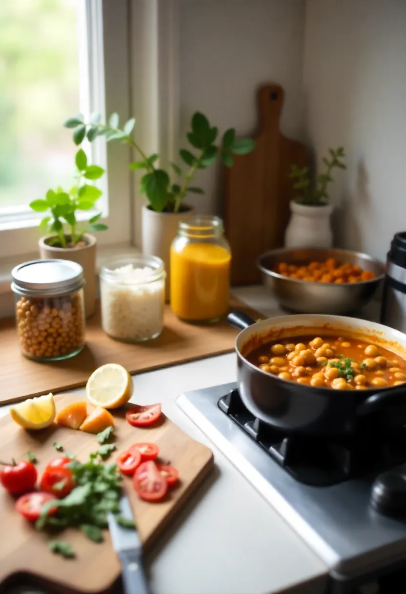 Healthy curry meal prep with frozen aromatics, pre-cooked grains and legumes, fresh vegetables, and a pot of curry simmering in a cozy kitchen.