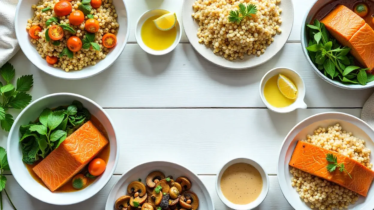 Healthy nourishing dishes including grain bowls, salmon with greens, lentil stew, salads, and wholesome comfort foods served on a bright clean table.