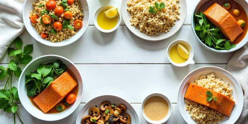 Healthy nourishing dishes including grain bowls, salmon with greens, lentil stew, salads, and wholesome comfort foods served on a bright clean table.