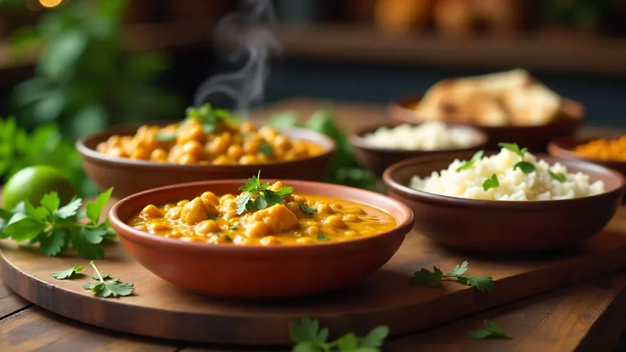 Assorted healthy homemade curry bowls with fresh herbs, rice, naan, and spices on a rustic wooden table in warm natural light.