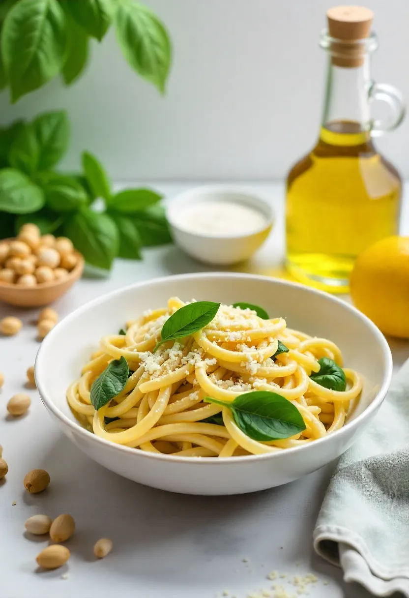 Light Italian pasta bowl with fresh vegetables, olive oil, herbs, and Parmesan on a bright kitchen table with lemons and basil nearby.