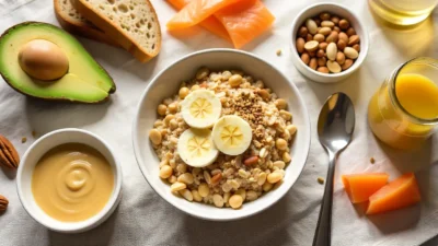 Flat-lay of healthy high-calorie foods like oatmeal with nut butter, avocado, salmon, nuts, yogurt, and smoothie for balanced weight gain.
