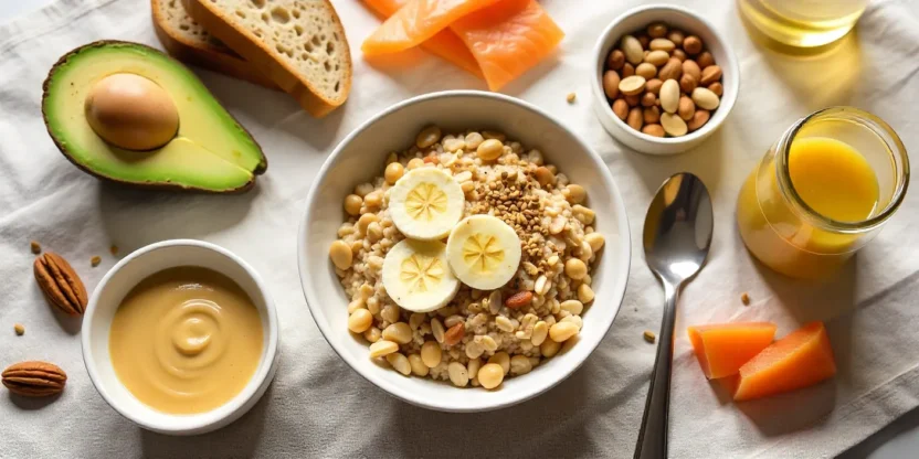 Flat-lay of healthy high-calorie foods like oatmeal with nut butter, avocado, salmon, nuts, yogurt, and smoothie for balanced weight gain.