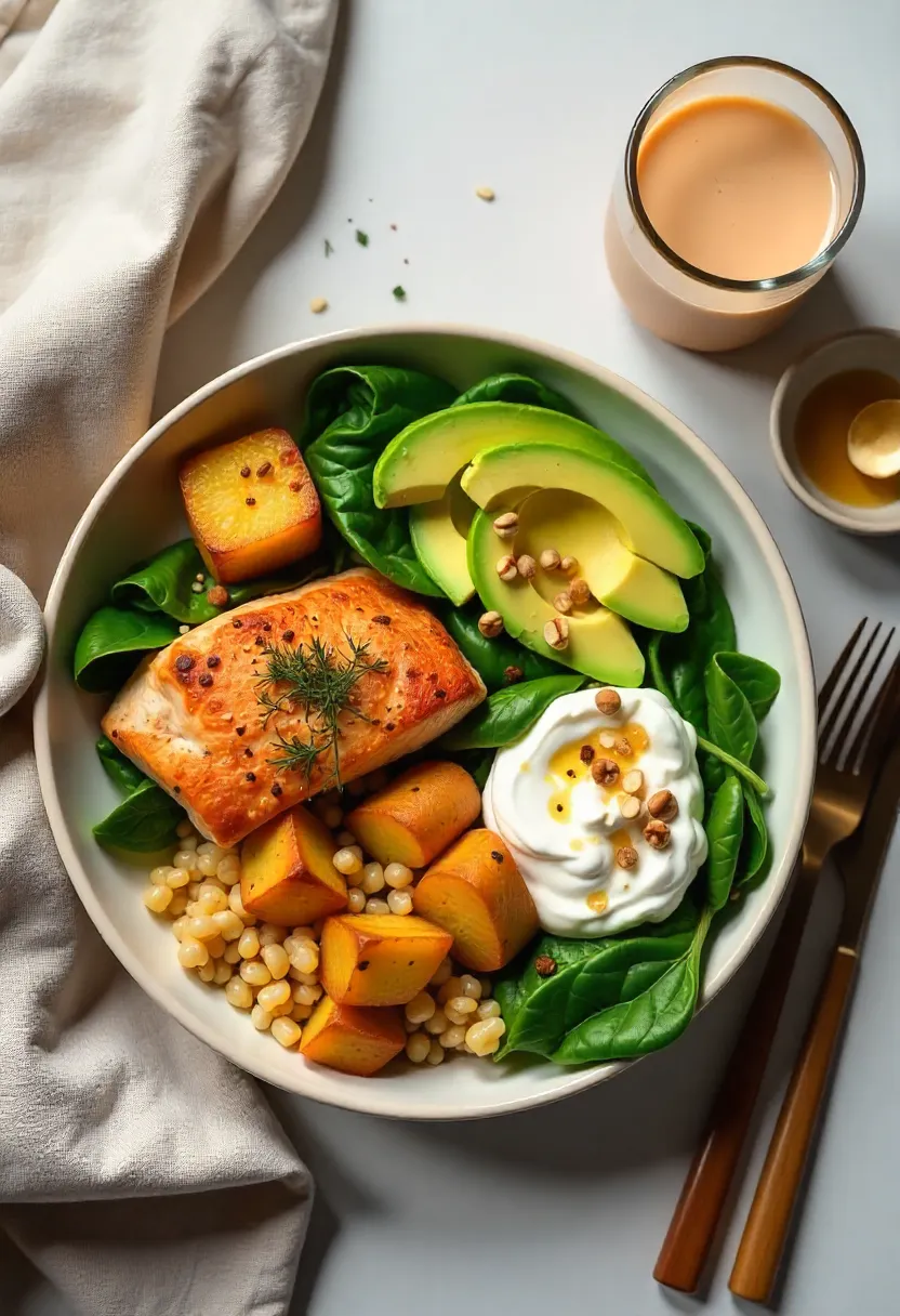 Balanced meal with salmon, potatoes, avocado, greens, yogurt, and smoothie representing healthy high-calorie weight-gain food ideas.