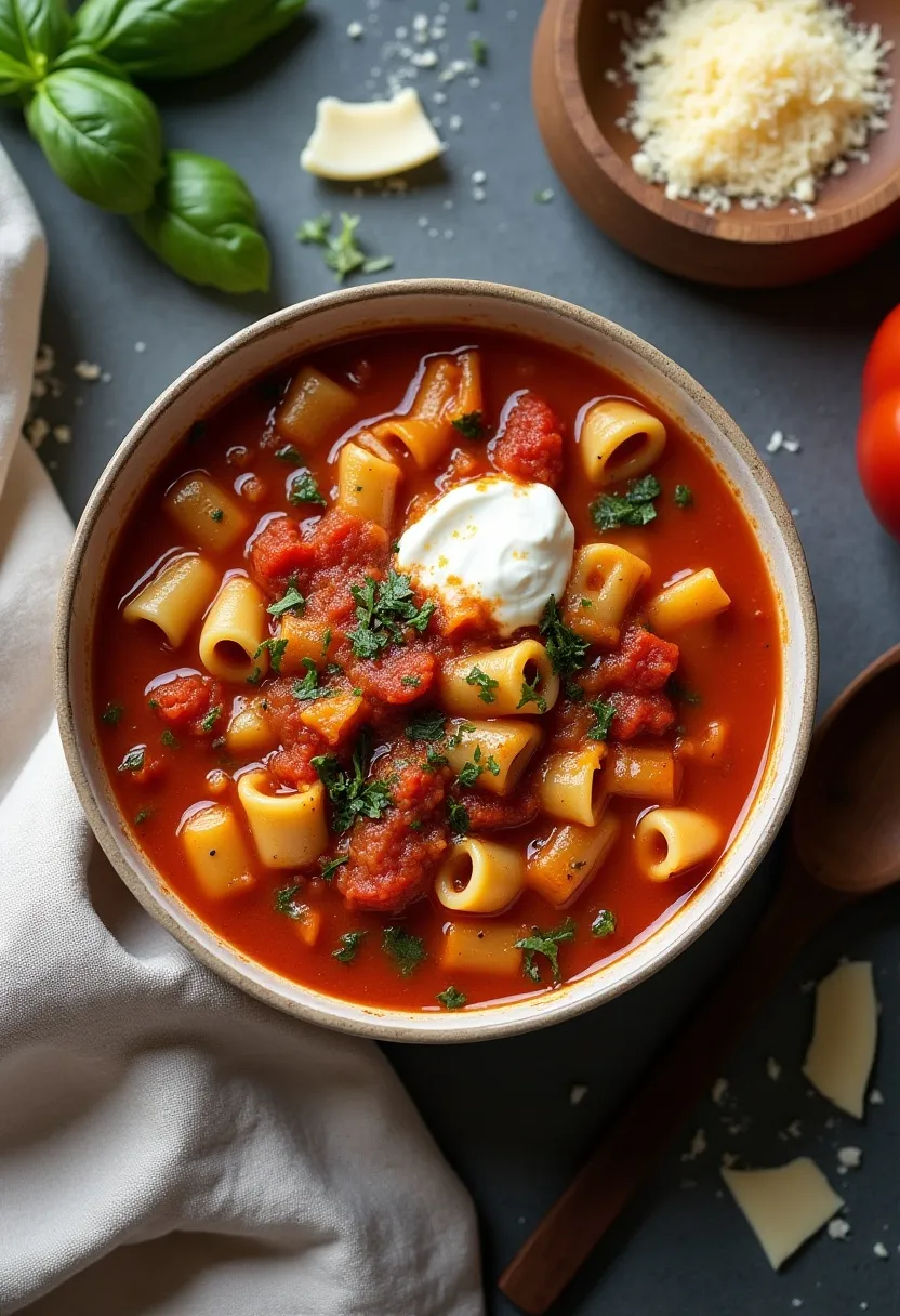 Bowl of hearty lasagne soup with pasta, tomato broth, and cheese on a rustic wooden surface.