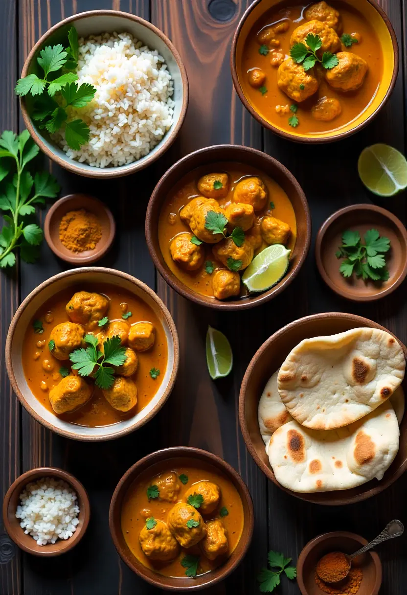 Selection of healthy homemade curries in bowls with rice, naan, fresh herbs, and spices arranged on a rustic table.