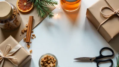 Handmade Christmas gifts including jars of granola, homemade preserves, a candle, dried oranges, spices, and rustic wrapping supplies on a cozy festive table.
