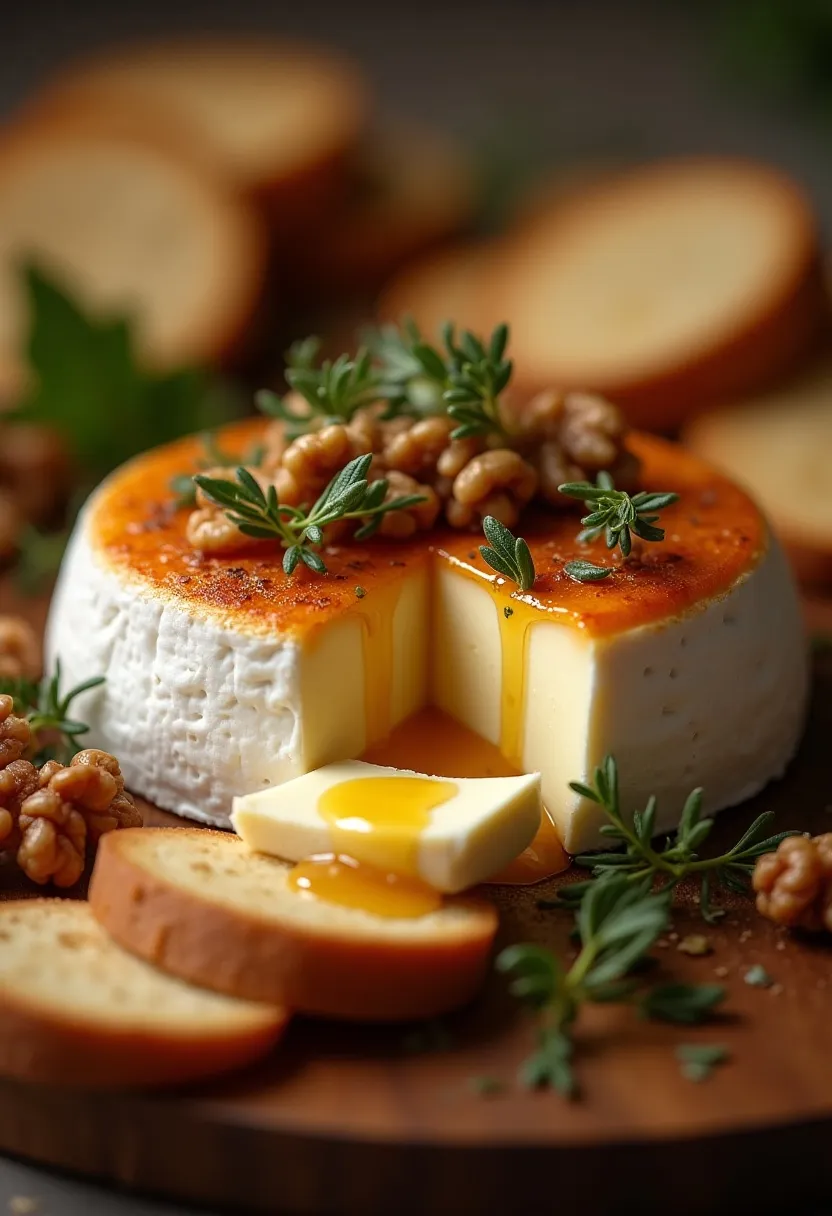 Baked Camembert drizzled with honey and topped with thyme and toasted walnuts.