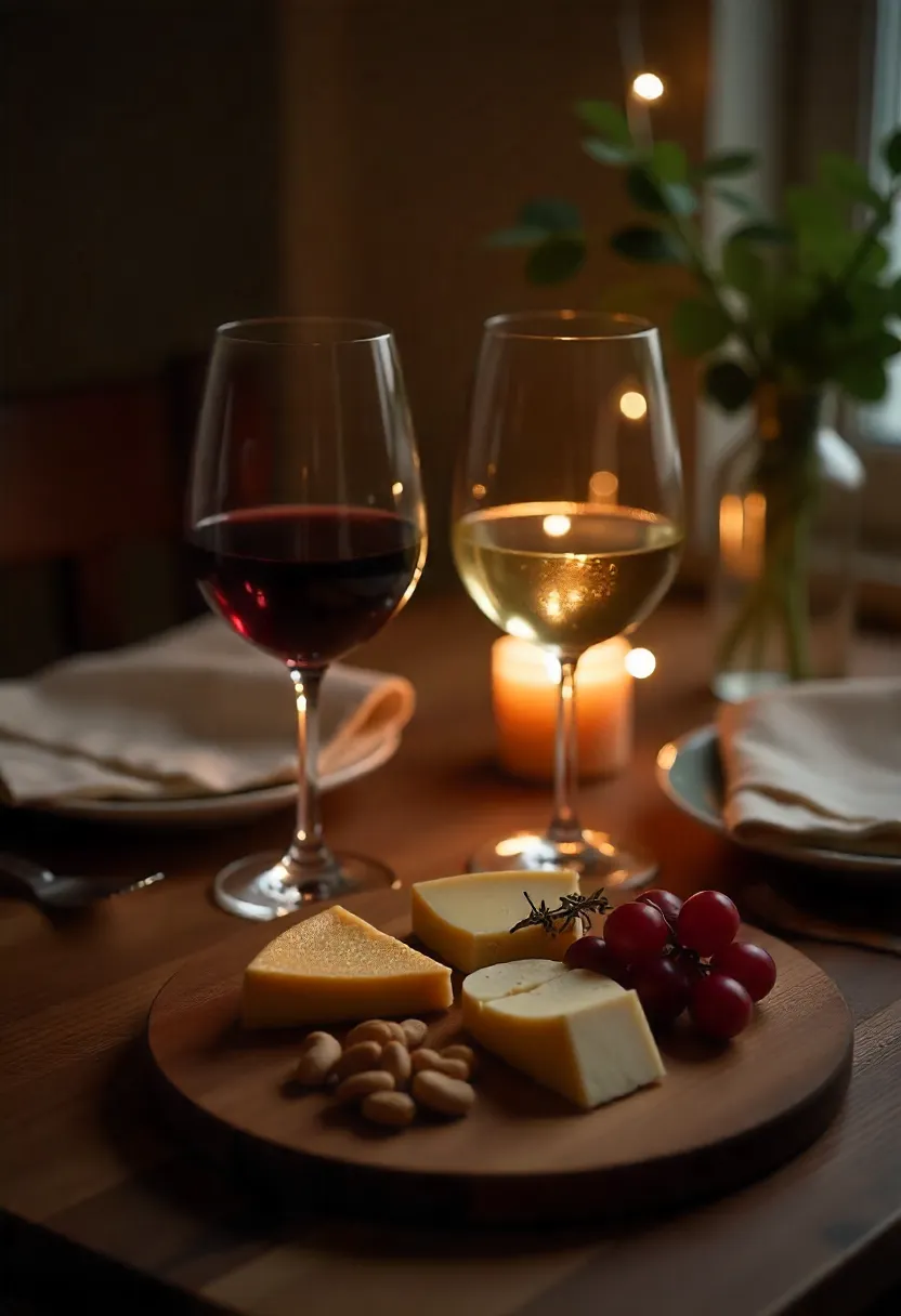 Warm candlelit table with wine glasses, cheese board, grapes, nuts, and cozy evening table setting for a wine and cheese night.