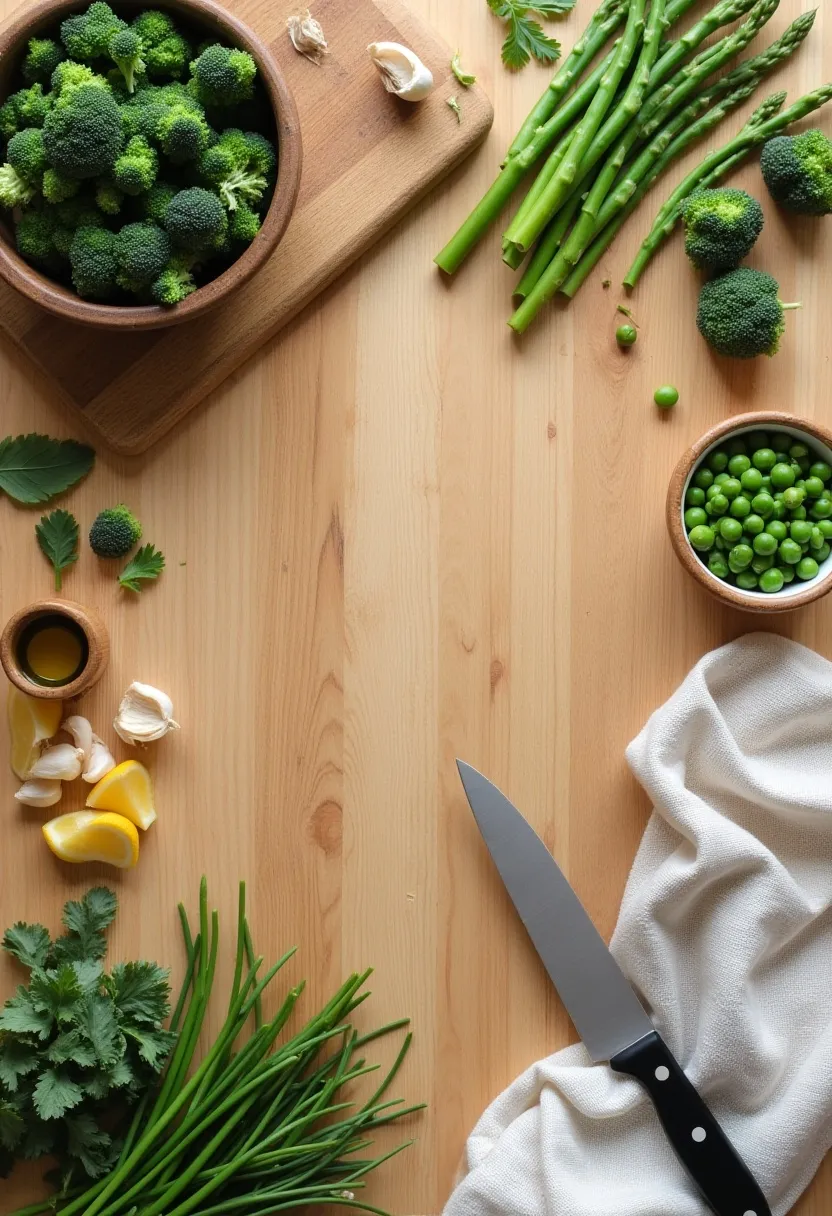 Warm flat-lay of chopped green vegetables, olive oil, garlic, and lemon on a wooden surface, showing how to easily add greens to meals.