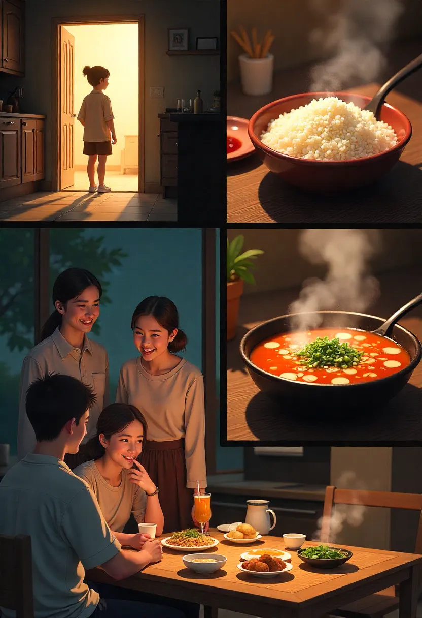 Anime-style kitchen with a character entering, steaming rice bowl on the table, and soft, warm lighting creating a cozy, comforting atmosphere