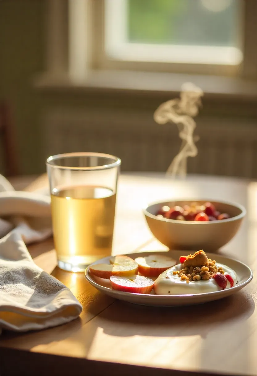 Glass of water and healthy snacks — yoghurt with fruit, apple slices with peanut butter — on a wooden table in warm natural light.
