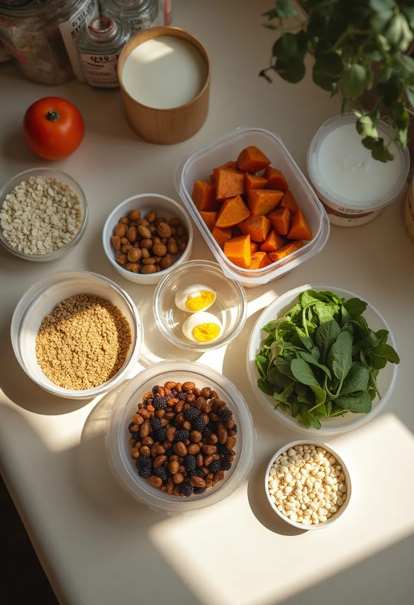 Overhead shot of simple weekly meal prep items like roasted sweet potatoes, cooked grains, eggs, greens, yoghurt, nuts, and beans.