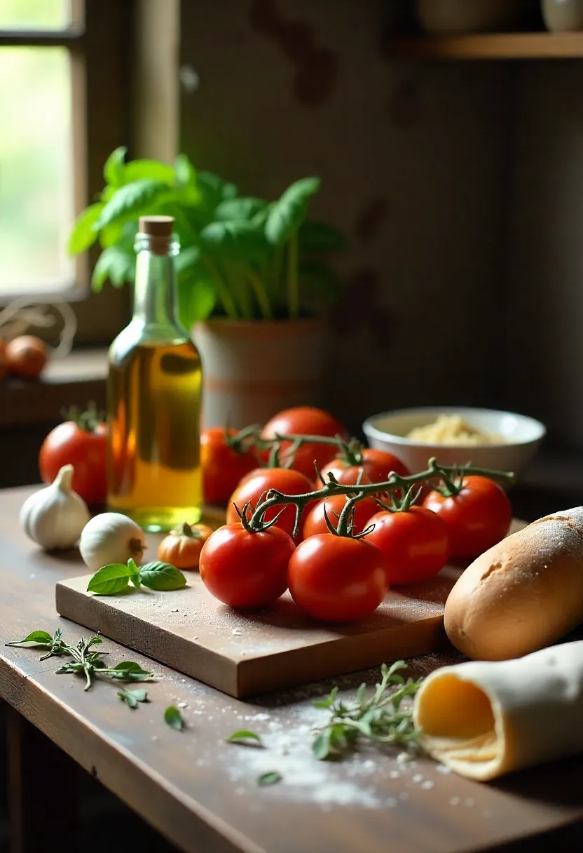 Rustic Italian kitchen scene with fresh tomatoes, basil, olive oil, garlic, pasta dough, Parmesan, and bread on a wooden table in warm natural light.