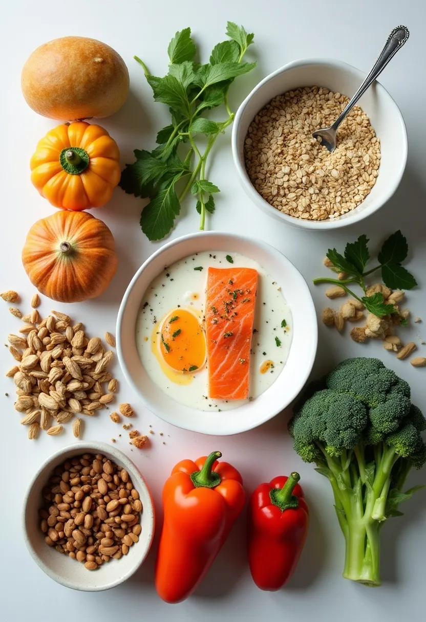 Flat-lay of nutrient-rich foods for men, including salmon, oats, leafy greens, nuts, seeds, vegetables, and beans.