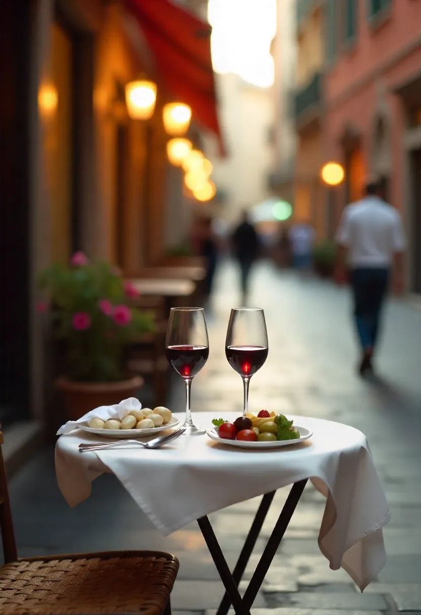 Cozy Italian outdoor café table with wine and antipasti on a cobblestone street at sunset, capturing the romantic spirit of la dolce vita.