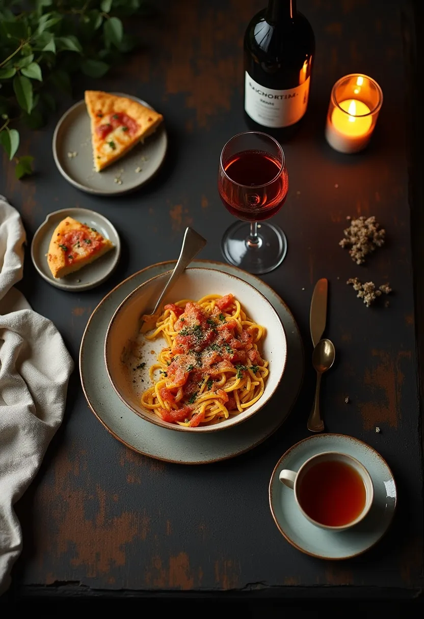 Moody flat-lay of leftover heavy dinner foods and a glass of wine, styled in warm evening light to show how late meals can affect sleep and snoring.