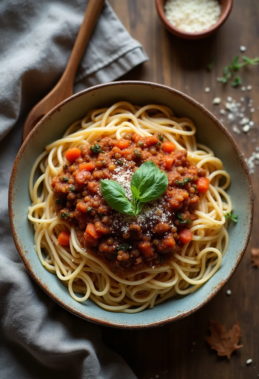 Whole-wheat spaghetti topped with hearty lentil bolognese and fresh herbs in a rustic bowl.